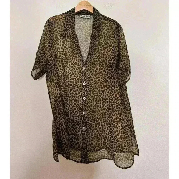 Michael Taylor Brown Black Leopard Animal Print Short Sleeve Shirt Vintage - Picture 1 of 6